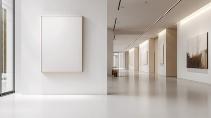 A sophisticated art gallery space with white walls and minimalist décor. The focus is on a single, blank piece of artwork displayed prominently on a gallery wall.