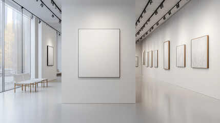 A sophisticated art gallery space with white walls and minimalist décor. The focus is on a single, blank piece of artwork displayed prominently on a gallery wall.
