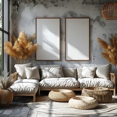 Scandinavian farmhouse style beige living room interior with natural wooden furniture. Mock up frame on wall background. 3d render illustration.
