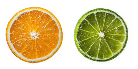 meia banda  cortada de laranja e limão isolados em um fundo branco.