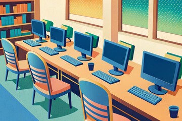 A row of computers in a sunny classroom