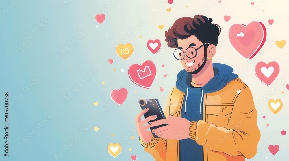 Poster a man smiles while using his smartphone, engaging with social media as colorful like icons float aro