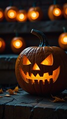 Fototapeta premium Toothy Grin and Glowing Eyes: Jack O' Lantern Close-Up for Halloween Design Inspiration