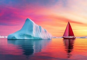 A large white iceberg floats in the sea. An old red sailboat is nearby.