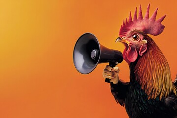rooster with wide eyes holding a megaphone against a vibrant orange background. Fun and energetic image suitable for announcements and promotions