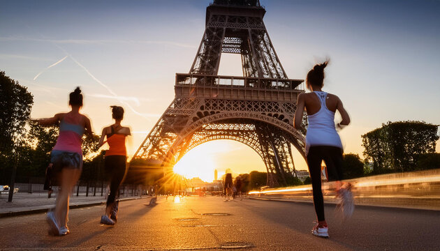 Girls running towards the Eiffel Tower for Tour de France Femmes