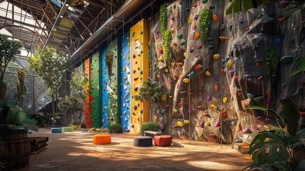 An adventure-themed office with rock climbing walls, rope courses, and obstacle challenges.