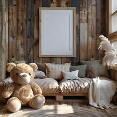 Scandinavian farmhouse style beige living room interior with natural wooden furniture. Mock up frame on wall background. 3d render illustration.
