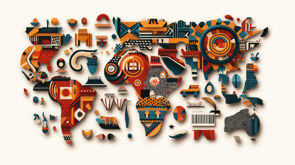 Fototapeta premium Abstract illustration of the world map made up of colorful geometric shapes and ethnic patterns.