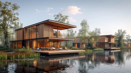 Modern Wooden Houses Surrounded By Lush Greenery At Sunset By A Serene Lake