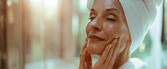 Lifestyle portrait of mature woman applying moisturizing facial cleanser lotion