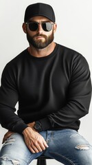 Obraz premium Male model wearing black sweater, baseball cap and sunglasses.