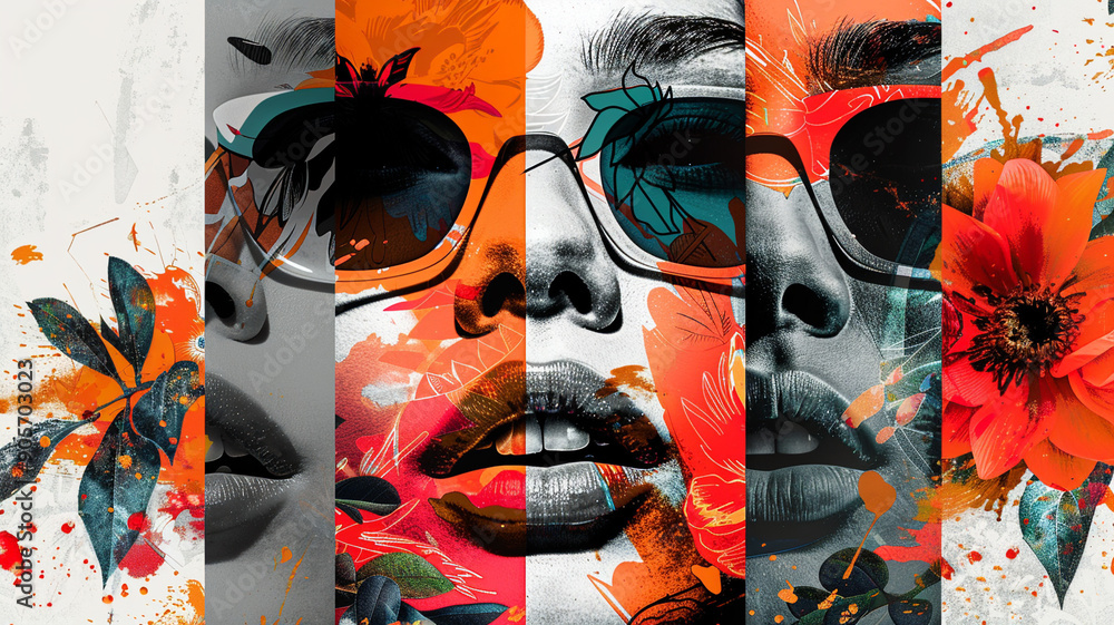 Poster artistic portrait with bold colors and floral patterns displaying unique expressions
