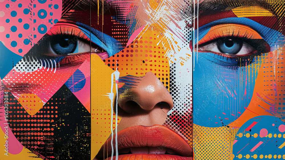 Poster vibrant face art displaying colorful geometric patterns in urban setting