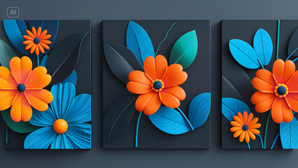 Set of three modern 3D floral wall art canvas with orange flowers and blue leaves on a dark background