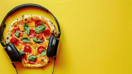 Italian pizza and headphones composition on neon yellow background Contemporary art with copy space for ad Creative fast food concept