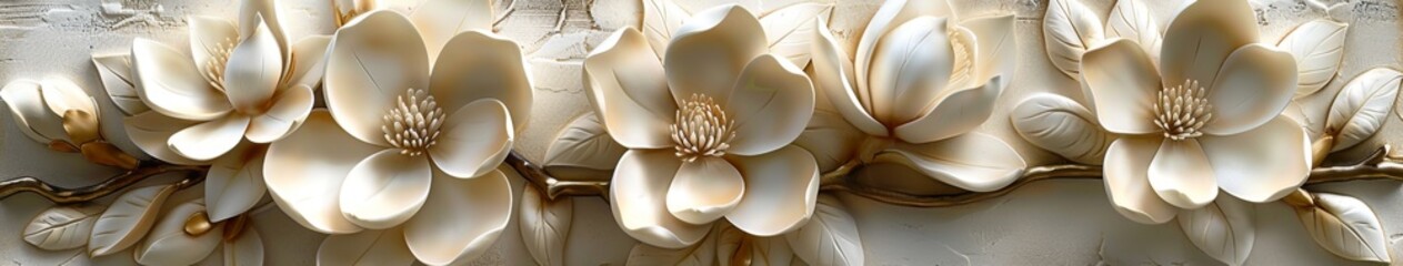 Exquisite White Magnolia Blossoms in a Plaster Relief, Featuring Layers of Waxy Leaves and Ivory...