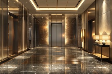 Hotel Elevator Lobby. Modern Luxury Interior Design in Hotel Lobby with Elevators