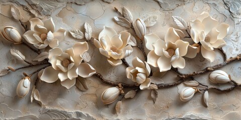 Exquisite White Magnolia Blossoms in a Plaster Relief, Featuring Layers of Waxy Leaves and Ivory Petals in a Delicate Arrangement