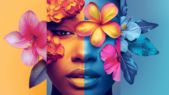 Woman's face elegantly merged with vibrant floral elements in artistic display