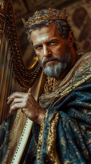 Obraz premium King David playing a harp, biblical character.