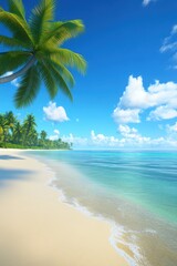 Obraz premium Tranquil tropical beach with palm trees under clear blue sky during daylight hours