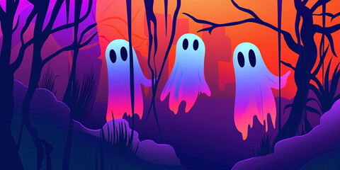 halloween theme wallpaper, vibrant flat vector illustration featuring ghostly silhouettes floating through a dark, misty scene