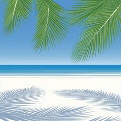 Serene tropical beach landscape with palm fronds and calm ocean view at midday