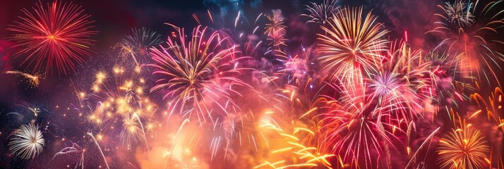 Naklejka premium Stunning Display of Red Pink and Yellow Fireworks Lighting up the Night Sky