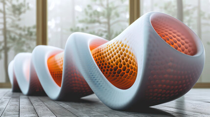 Futuristic design of objects in the room in white and orange matte plastic, with a honeycomb structure on the backrest that forms an S-shaped line in the front view