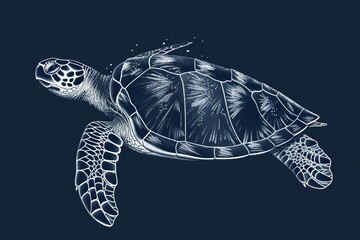 Obraz premium White line drawing of a sea turtle swimming underwater on a dark blue background.