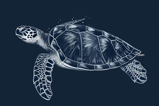 recommend clip art: White line drawing of a sea turtle swimming underwater on a dark blue background.