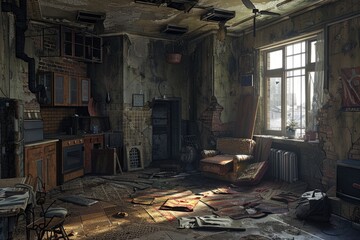 Obraz premium Ghetto Apartment. Old Abandoned City House in Slum Area, Symbolizing Poverty