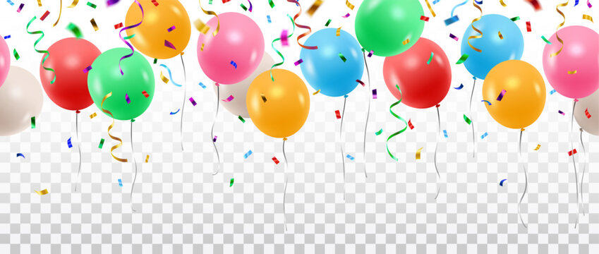 Vector colorful party balloons, confetti and streamers seamless pattern decorative border isolated on transparent background