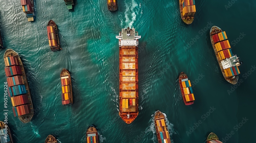 Aufkleber busy shipping harbor with multiple container ships navigating through water at dawn