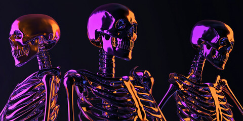 three 3D shiny skeletons on black background, halloween night