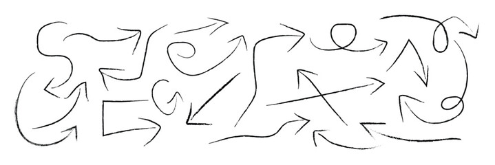 Grunge arrow vector set. Grunge arrow brush drawn. set of chalk pencil, brush stroke arrows. various charcoal arrows. Hand drawn doodle arrow symbols vector.