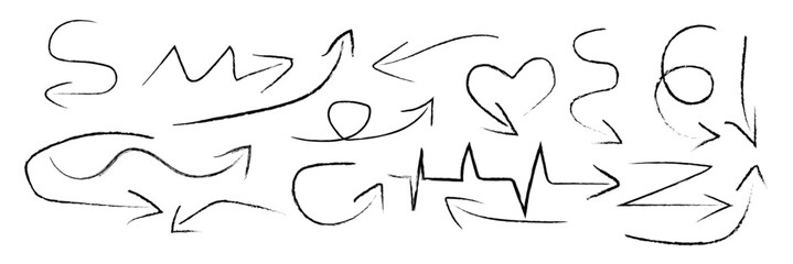 Grunge arrow vector set. Grunge arrow brush drawn. set of chalk pencil, brush stroke arrows. various charcoal arrows. Hand drawn doodle arrow symbols vector.