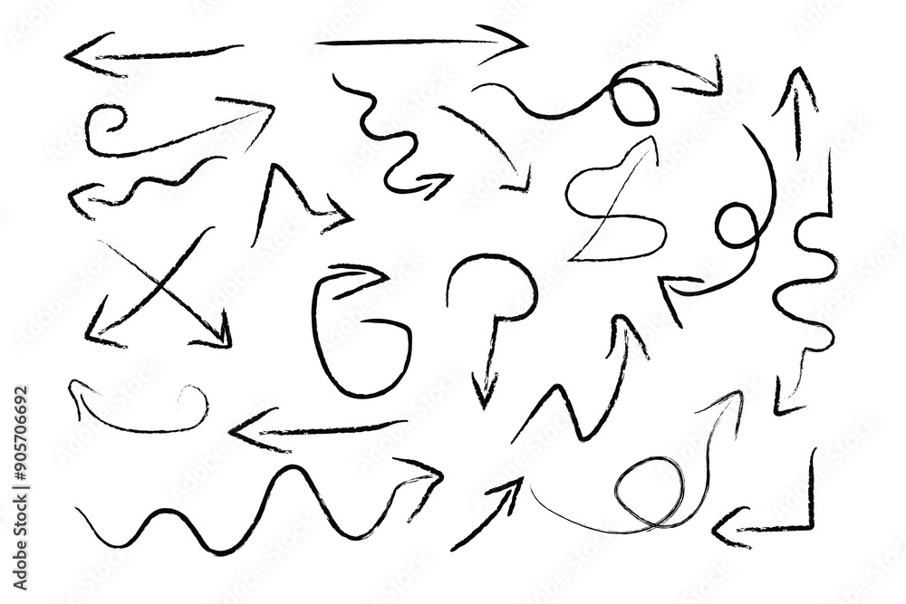 Poster black charcoal arrows strokes different forms. arrow brush elements. a collection of arrows in n bru