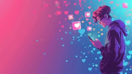 A man is focused on his smartphone as colorful social media likes icons float around him in a vibrant atmosphere. Generative AI
