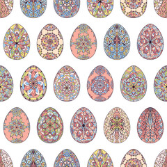 Seamless pattern of colorful Easter eggs with floral patterns, mandala, curls, flowers. Hand drawn spring ornate illustration at Easter, greeting card, wallpaper, wrapping paper, fabric, textile