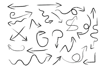 Black charcoal arrows strokes different forms. arrow Brush elements. A collection of arrows in n brush stroke style. set of chalk pencil, brush stroke arrows. vector.