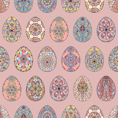 Seamless pattern of colorful Easter eggs with floral patterns, mandala, curls, flowers. Hand drawn spring ornate illustration at Easter, greeting card, wallpaper, wrapping paper, fabric, textile