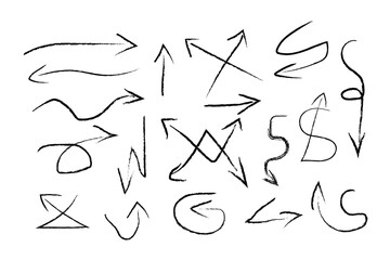 Sketchy arrow with pen, crayon, and chalk effects. Hand drawn style with brush and pencil strokes. Charcoal arrows icons. Flat vector illustration isolated on white background.