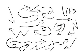 Sketchy arrow with pen, crayon, and chalk effects. Hand drawn style with brush and pencil strokes. Charcoal arrows icons. Flat vector illustration isolated on white background.