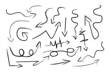 Arrow crayon brush doodle chalk line stroke. Sketch pencil texture line scribble arrow icon. Hand drawn grunge crayon brush sketch direction element on chalkboard. Vector illustration.