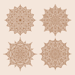 Hand drawn silhouette of mandala with floral ornamental pattern. Decorative coloring page, antistress for adults, ethnic oriental ornament, tattoo. Vector illustration isolated on beige background