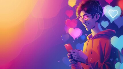 Obraz premium A smiling man in a hoodie experiences digital interactions on his smartphone, surrounded by colorful social media likes icons in a vibrant, twilight setting. Generative AI