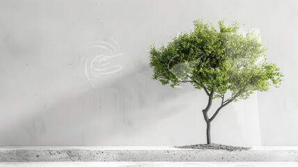 Vibrant green tree growing against a minimalist concrete wall during daylight hours