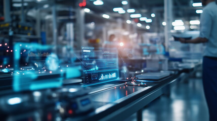 Fototapeta premium A production facility with advanced technology, highlighted by digital compliance icons